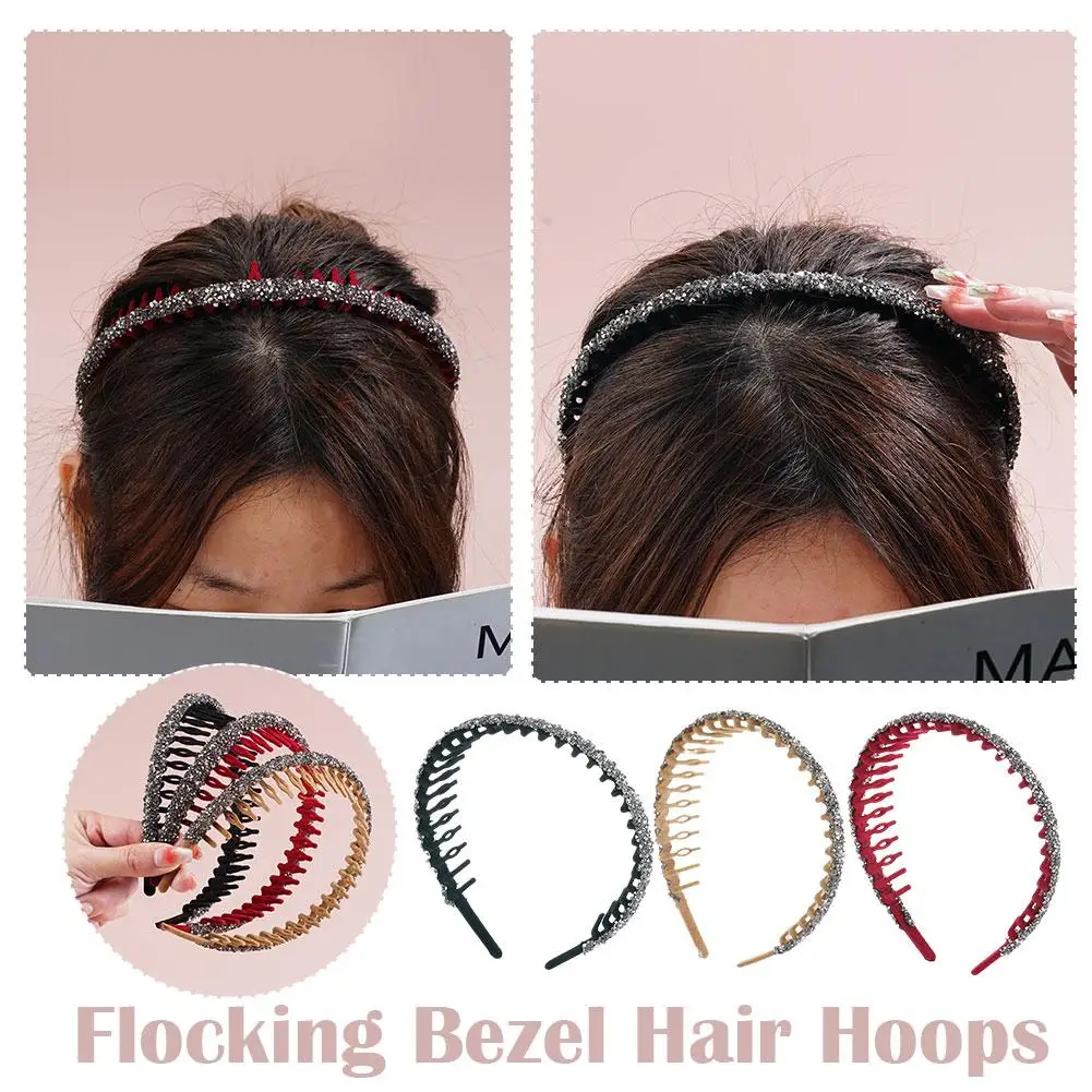 

Fashion Rhinestone Flocking Bezel Hair Hoops For Women Ladies Solid Color Toothed Non-Slip Headband Hair Band Hair Accessories