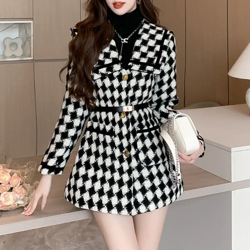 

Women Autumn Winter Houndstooth Coat Double-breasted Slim Navy Collar Fashion Basic Loose Small Fragrance Casual Quilted Coat