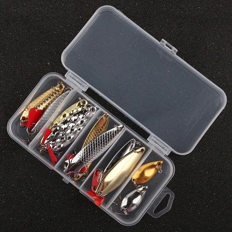 

10Pcs/Set Fishing Metal Spoon Lure Kit Set Gold Silver Baits Sequins Spinner Lures with Box Treble Hooks Fishing Tackle Gear