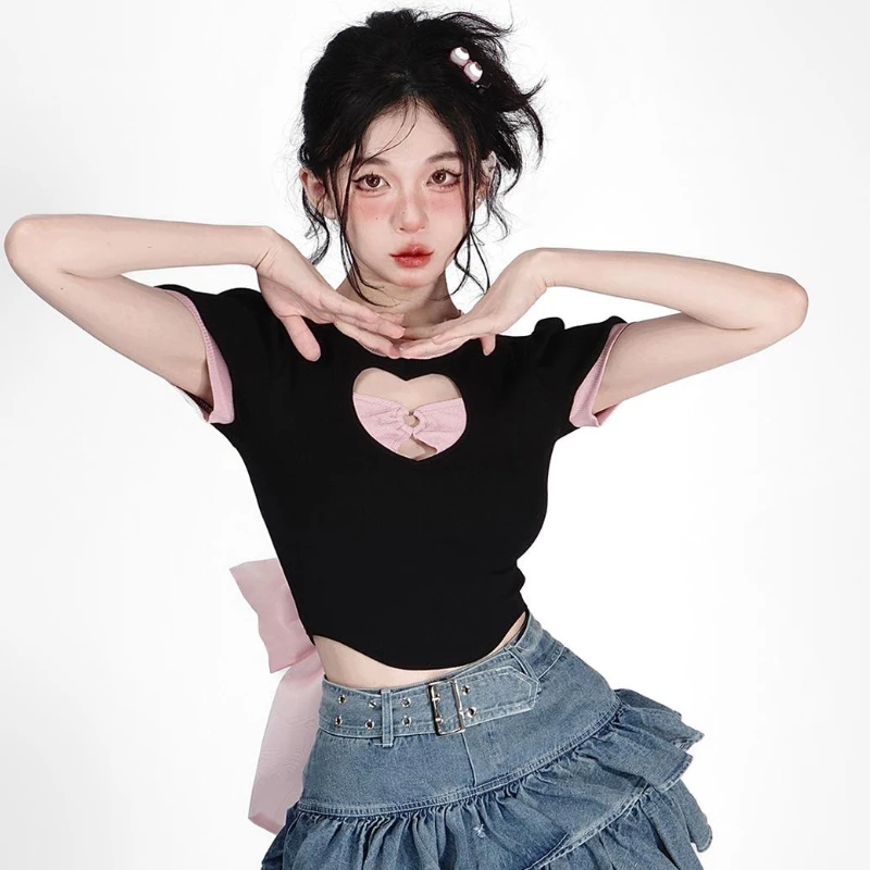 DEEPTOWN Kawaii T-shirt Women Korean Y2k Bandage Love Hollow Out Short Sleeve Bow Cute Sexy Slim Crop Top Spring Summer
DEEPTOWN Kawaii T-shirt Women Korean Y2k Bandage Love Hollow Out Short Sleeve Bow Cute Sexy Slim Crop Top Spring Summer
