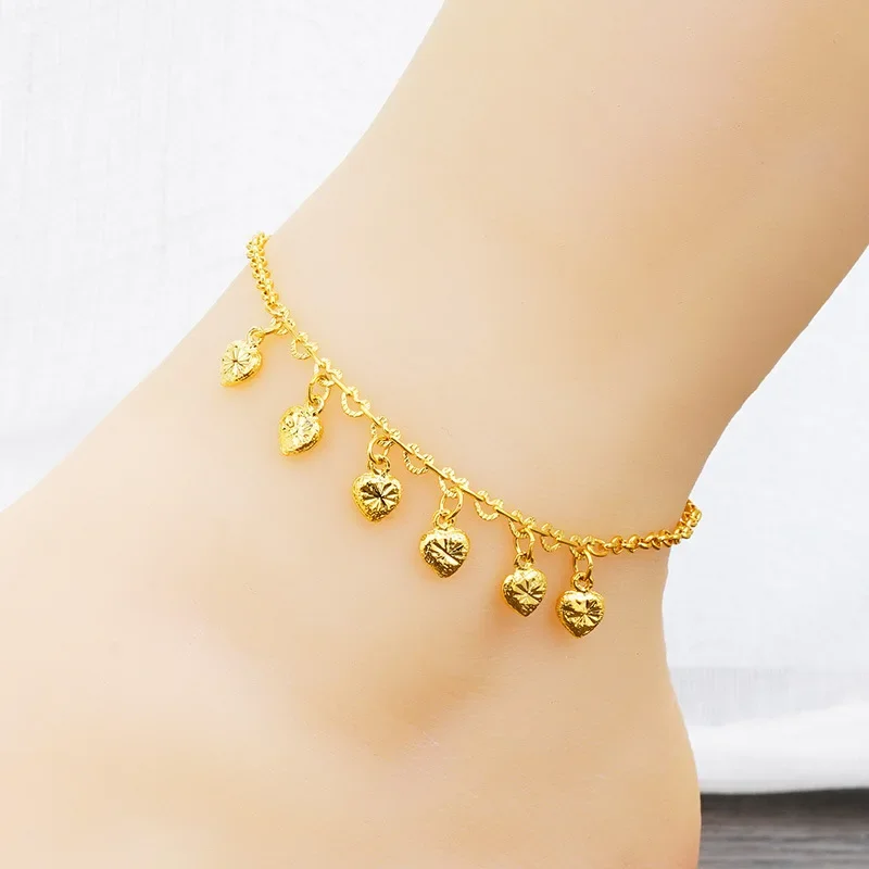 

Free Shipping Imitation 18K Real Gold 100% 999 Anklet 26cm Heart Pendant Gift For Women's And Girl's Sweet Cut Style Jewelry