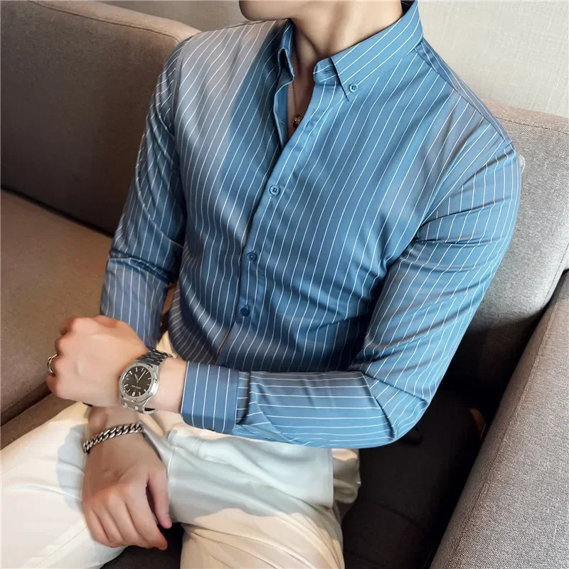 

British Style Striped Shirts Mens Long Sleeve Silky Slim Casual Shirts Luxury Men Business Social Party Dress Shirt Streetwear