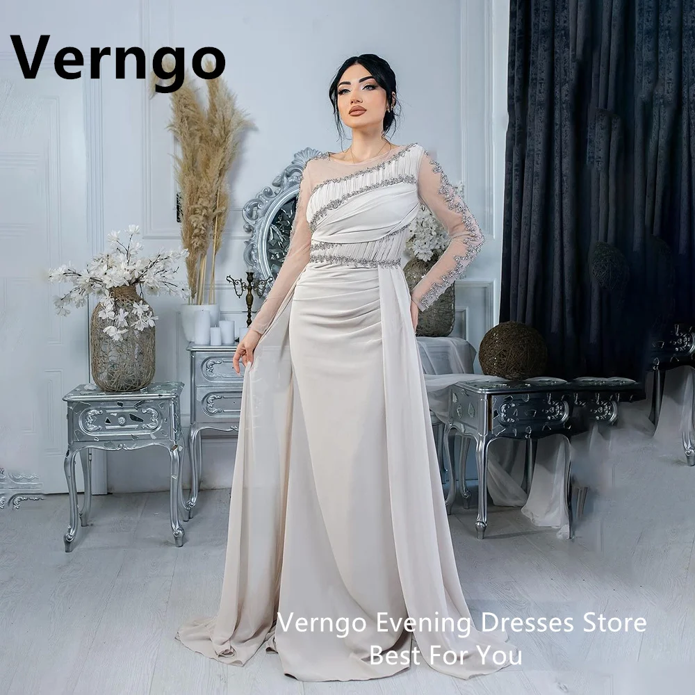 

Verngo Applique Beading Formal Dresses O Neck Long Sleeves Saudi Arabic Party Dresses For Women Draped Train Mermaid Prom Gown