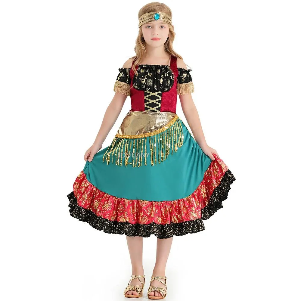 

Parent-child Gypsy Girl Flamenco Dress Bohemian Sequin Lace Dance Performance Clothes Carnival Cosplay Stage Performance Costume