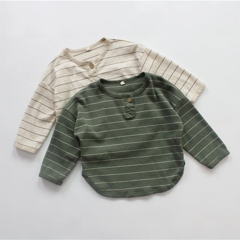 

2022 Spring Baby Boys Waffle Striped T Shirts Korean Style Kids Girls Cotton Long Sleeve Tops Tees