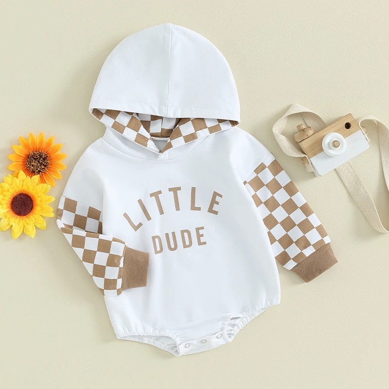 

Infant Baby Boy Girl Fall Winter Clothes Newborn Checkerboard Print Contrast Hooded Romper Sweatshirt Outfit