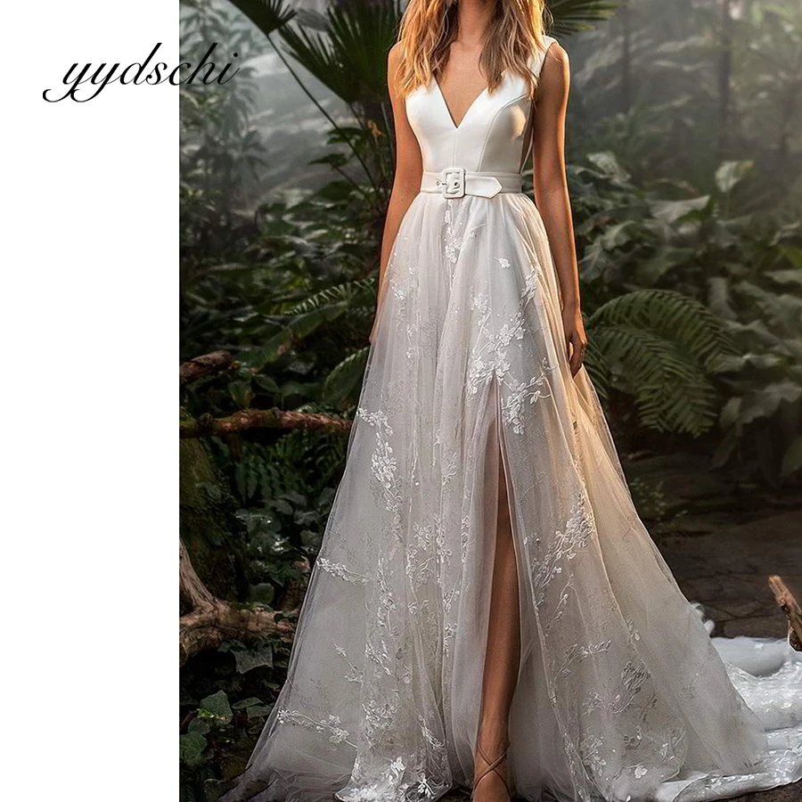 Bridal A-Line Split Wedding Dresses V-Neck Slim Brush Train Lace Sleeveless Simple Applique Sexy Backless Floor Length White
Bridal A-Line Split Wedding Dresses V-Neck Slim Brush Train Lace Sleeveless Simple Applique Sexy Backless Floor Length White