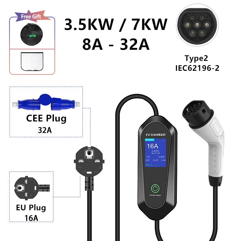 

Portable EV Charger 7KW 1Phase Electric Car Charger Type 2 32A IEC62196 Charging Cable EU/CEE Plug Electric Car Charging Station