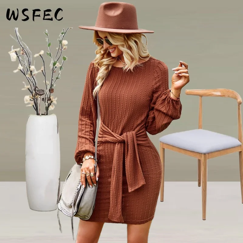 

WSFEC 2022 Winter Fall Women Clothing Slim Solid Color O Neck Rab Casual Sexy Club Knit Mini Dresses Female Outfits Dropshipping