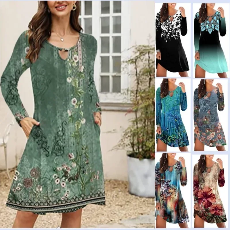 Women's Spring and Autumn Leisure Vintage Printed Round Neck Long Sleeve Pocket Knee Length Dress
Women's Spring and Autumn Leisure Vintage Printed Round Neck Long Sleeve Pocket Knee Length Dress