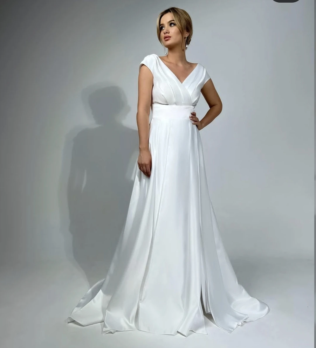 

Женское атласное платье с V-образным вырезом, белое простое ТРАПЕЦИЕВИДНОЕ свадебное платье до пола, индивидуальный пошив