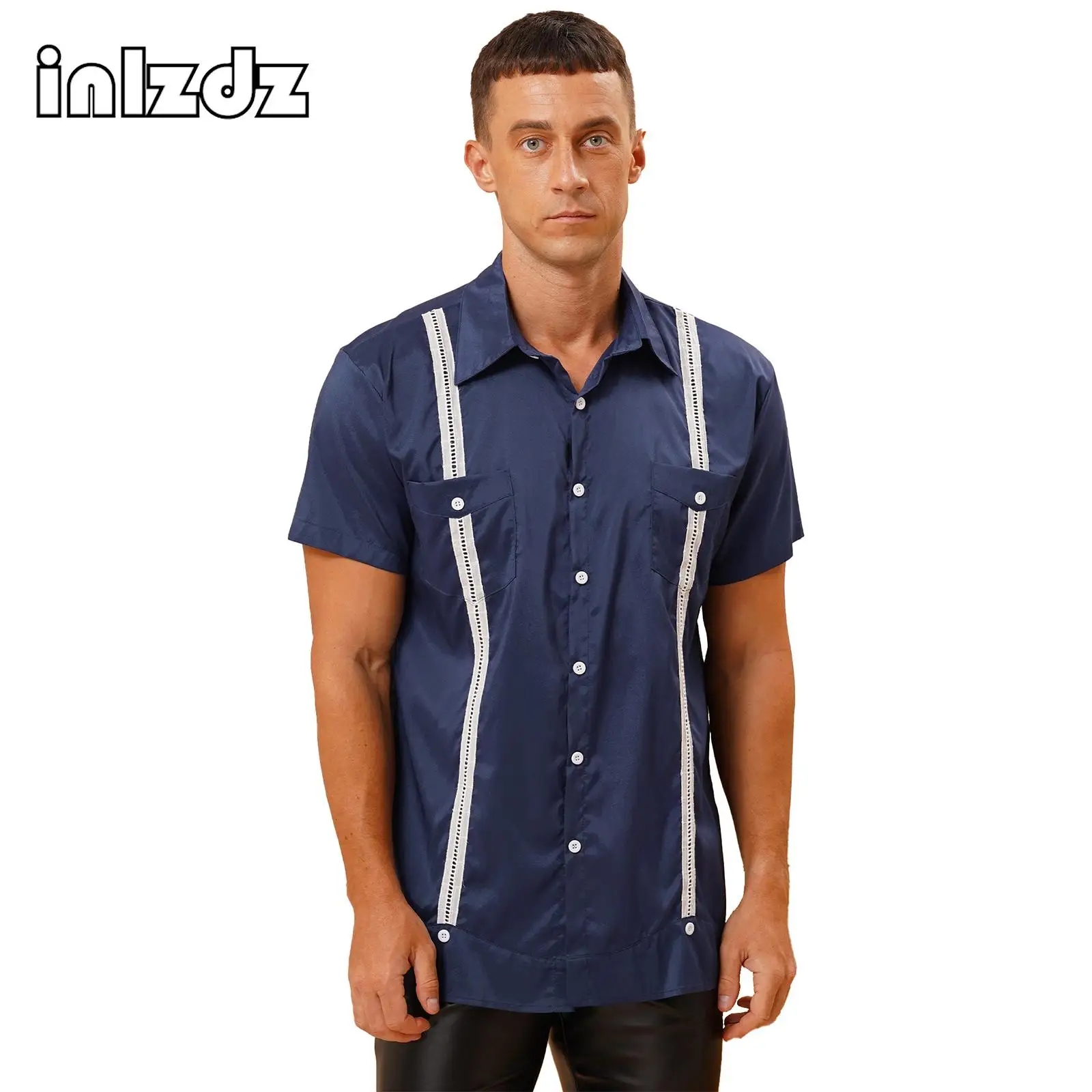 

Mens Stripe Shirt Short Sleeve Button Tops Turn-Down Collar Shirt Contrast Color Vacation Travel Beachwear Casual Shirt