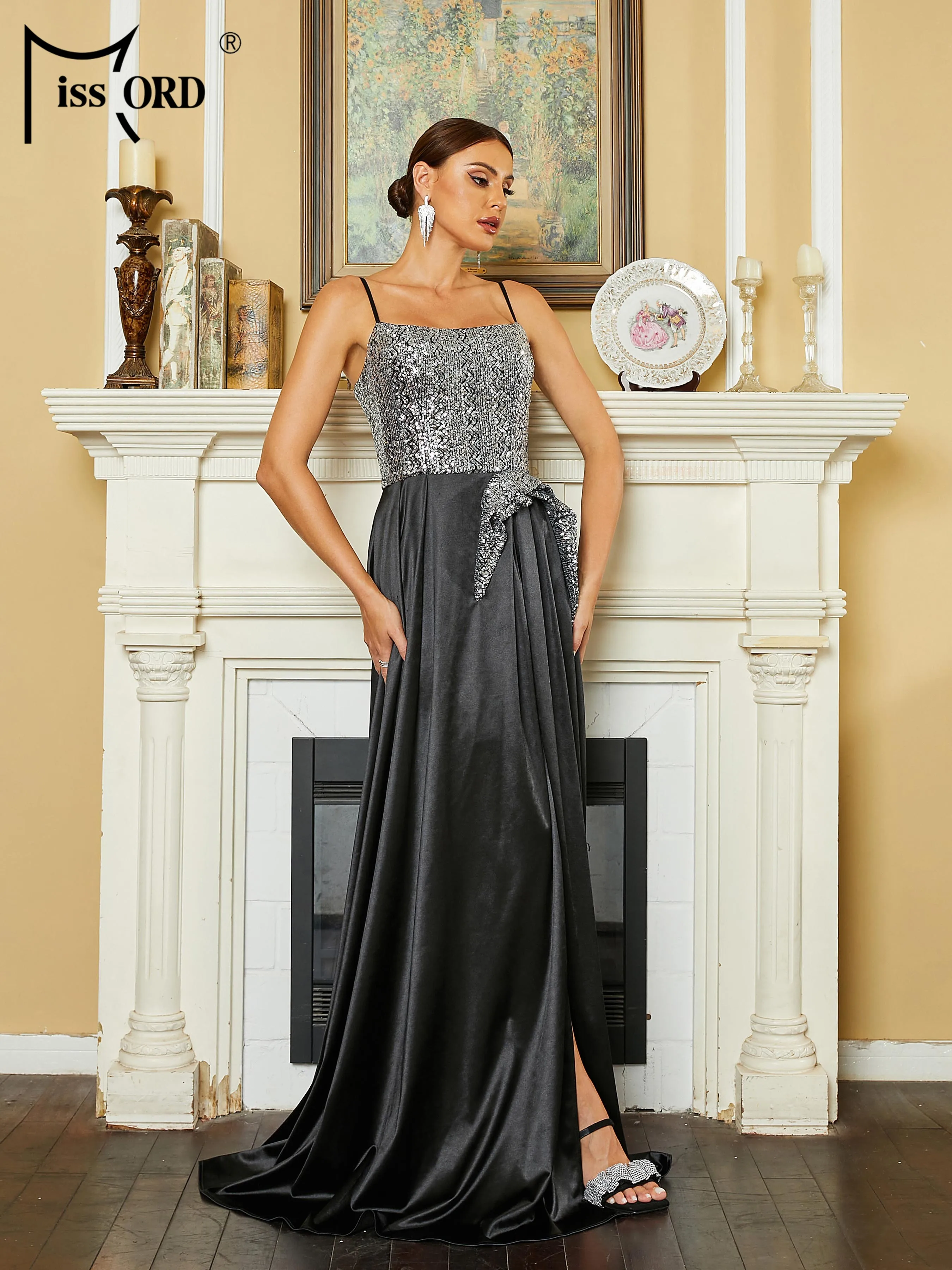 

Missord 2024 New High Quality Luxury Dress Black Spaghetti Panel A Line Prom Party Evening Dress