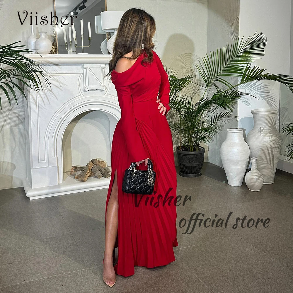 

Viisher Red Mermaid Evening Dresses Long Sleeve Arabian Dubai Formal Prom Dress with Slit Floor Length Occasion Party Gowns 2024