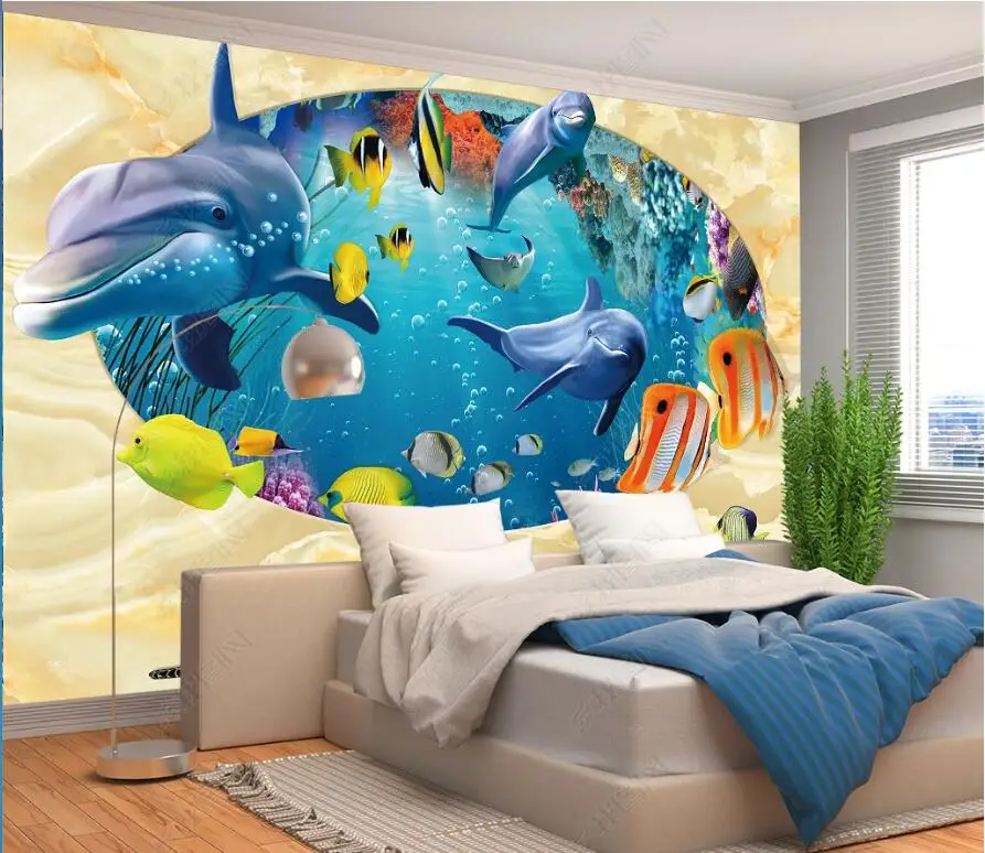 

3d photo wallpapers custom mural Hd Ocean Underwater World Dolphin fish background living room home decor wallpaper for walls 3d