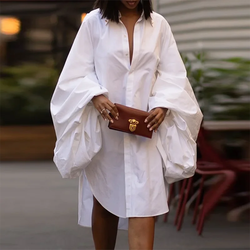 Onecozyday Women White Shirt Dress Lapel Collar Long Puff Sleeves Loose Blouses Buttoned Mini Dresses for Female Streetwear
Onecozyday Women White Shirt Dress Lapel Collar Long Puff Sleeves Loose Blouses Buttoned Mini Dresses for Female Streetwear
