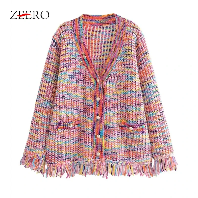 

Autumn Women Loose Rainbow Color Knitted Sweater Coats Women Tassel Decoration Cardigans Vintage Single-Breasted Causal Tops