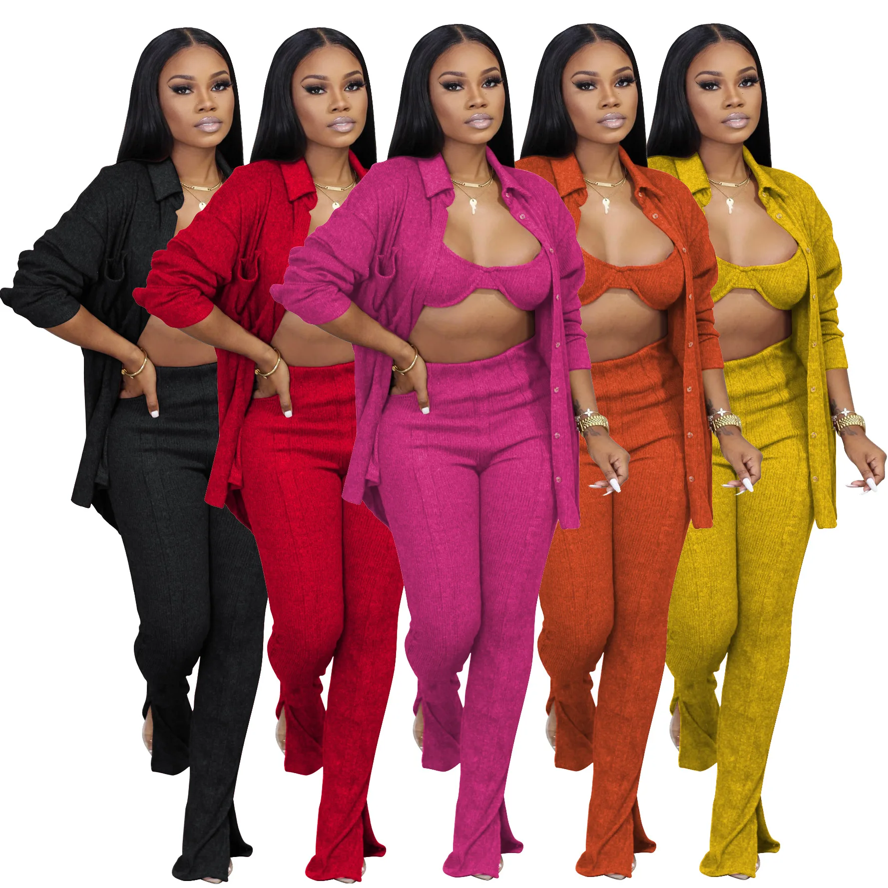 Fitness Sportsuit Macthing Set Women 3 Piece Set Sing Breasted Shirt + Tank Top + Straight Pants 2022 Autumn Knitted Clothes
Fitness Sportsuit Macthing Set Women 3 Piece Set Sing Breasted Shirt + Tank Top + Straight Pants 2022 Autumn Knitted Clothes