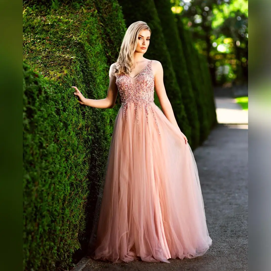 

Women Bridesmaid Dress Sequins Sparking Stones Beads Backless A Line Tulle Skirt Evening Dress Formal Party Wedding Party