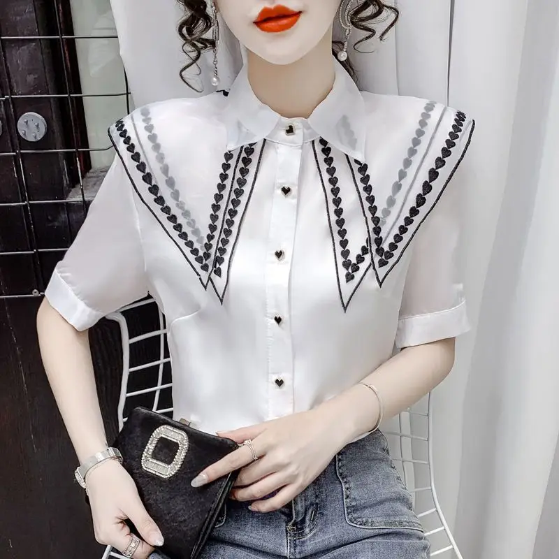 

Stylish Commute Solid Color Shirt Summer Korean Embroidery Casual Turn-down Collar Spliced Female Chic Single-breasted Blouse