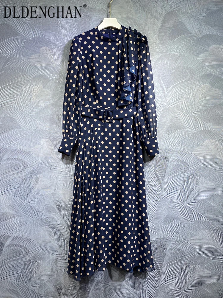 DLDENGHAN Autumn Long Dress Women Stand Collar Lantern Sleeve Belt Ruffle Dot Print Office Lady Dresses Fashion Designer New
DLDENGHAN Autumn Long Dress Women Stand Collar Lantern Sleeve Belt Ruffle Dot Print Office Lady Dresses Fashion Designer New