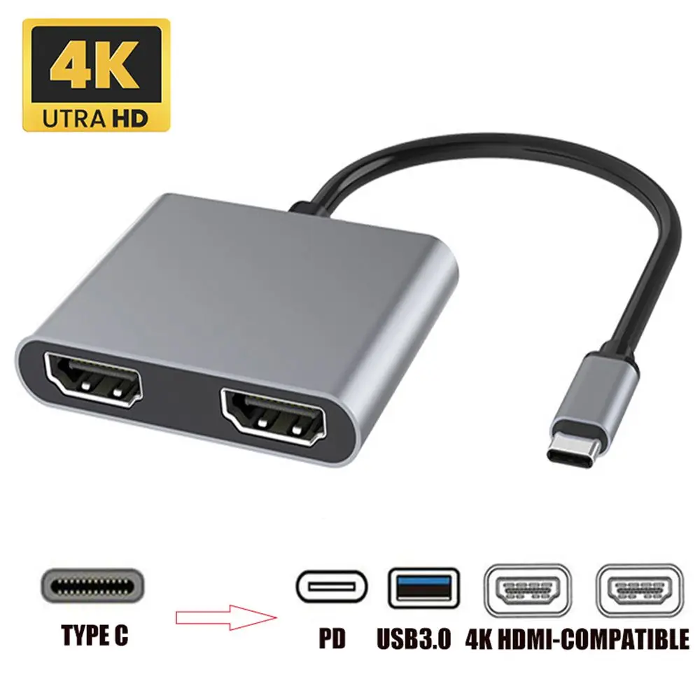 

1Pc Type-C to Dual HDMI-compatible Docking Station 4in1 USB C Hub Screen Expansion USB3.0 4K 60Hz Adapter Laptop Phone PC Supply