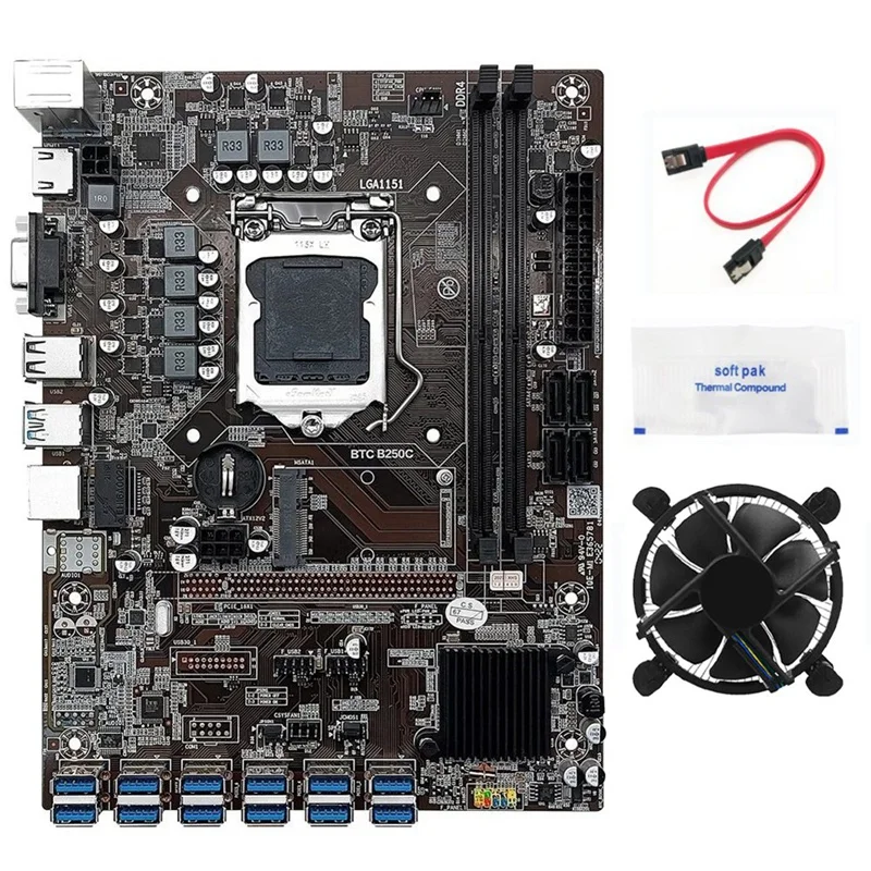 B250C BTC Mining Motherboard+SATA Cable+Thermal Grease+Fan 12XPCIE To USB3.0 GPU Slot LGA1151 For BTC Miner
B250C BTC Mining Motherboard+SATA Cable+Thermal Grease+Fan 12XPCIE To USB3.0 GPU Slot LGA1151 For BTC Miner