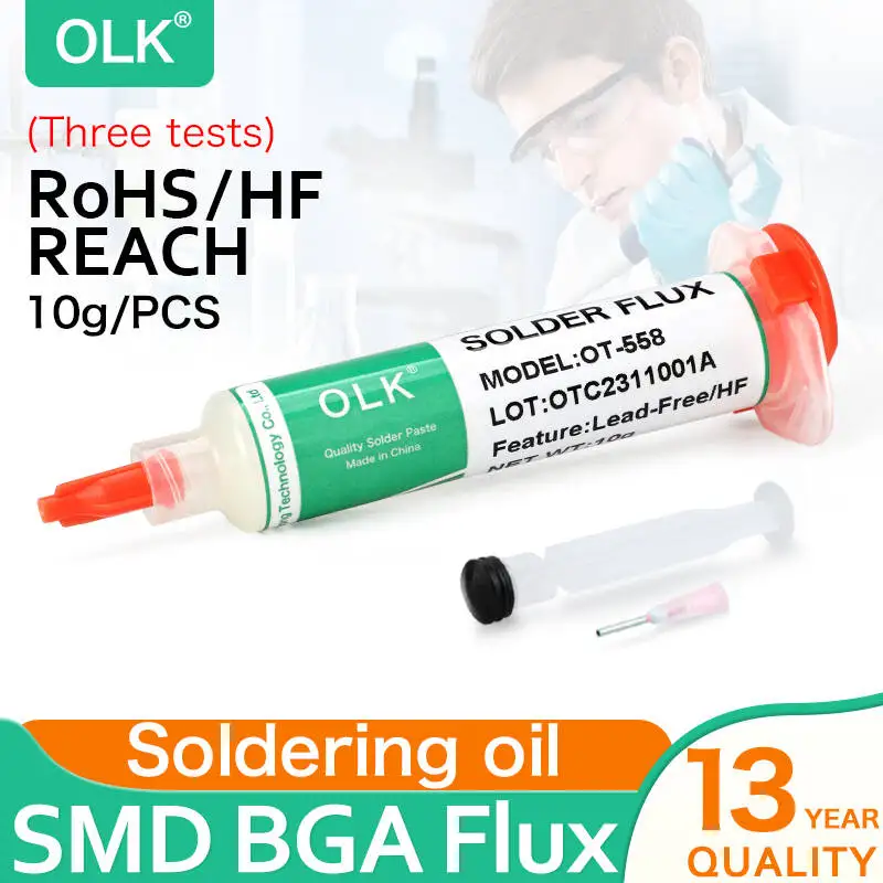 OLK lead-free halogen-free BGA flux SMD PCB repair soldering no-clean ball planting rosin solder oil solder paste 10cc
OLK lead-free halogen-free BGA flux SMD PCB repair soldering no-clean ball planting rosin solder oil solder paste 10cc