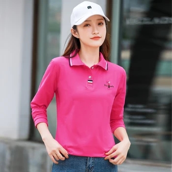 Camiseta Feminina de Alta Qualidade: Elegância Bordada para o Verão 6 Spring Autumn Polo Golf Woman Wear Long Sleeve T Shirt Embroidery Logo Polo Neck Sport Female Tee Women’s Golf Wear 2024