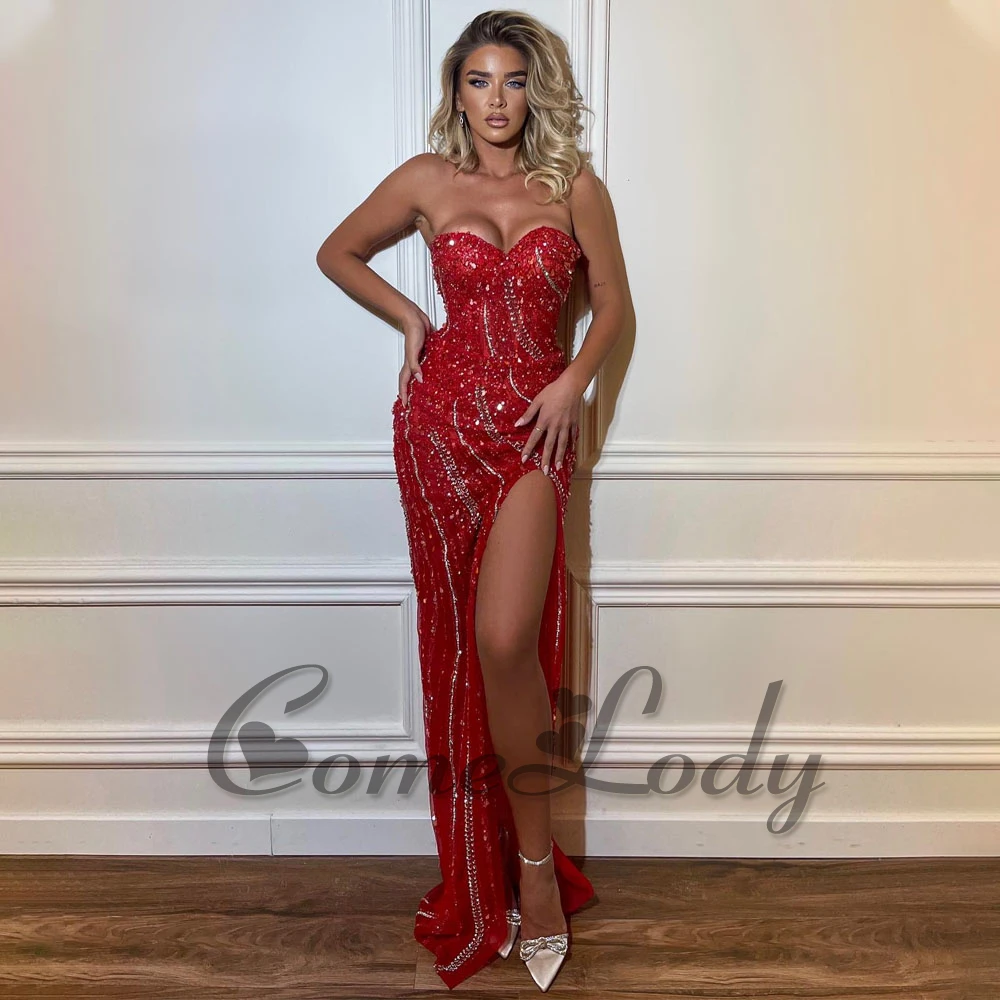 

Comelody Luxurious Sweetheart Prom Dresses for Women Mermaid Sleeveless Crystals Slit Vestidos de Graduación Made To Order