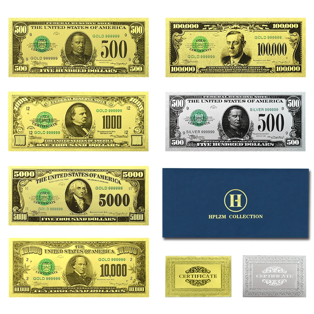 10Pcs USA Dollars 6Style Gold/Silver Foil Banknotes with Certificate and Envelope High Quality Crafts
10Pcs USA Dollars 6Style Gold/Silver Foil Banknotes with Certificate and Envelope High Quality Crafts