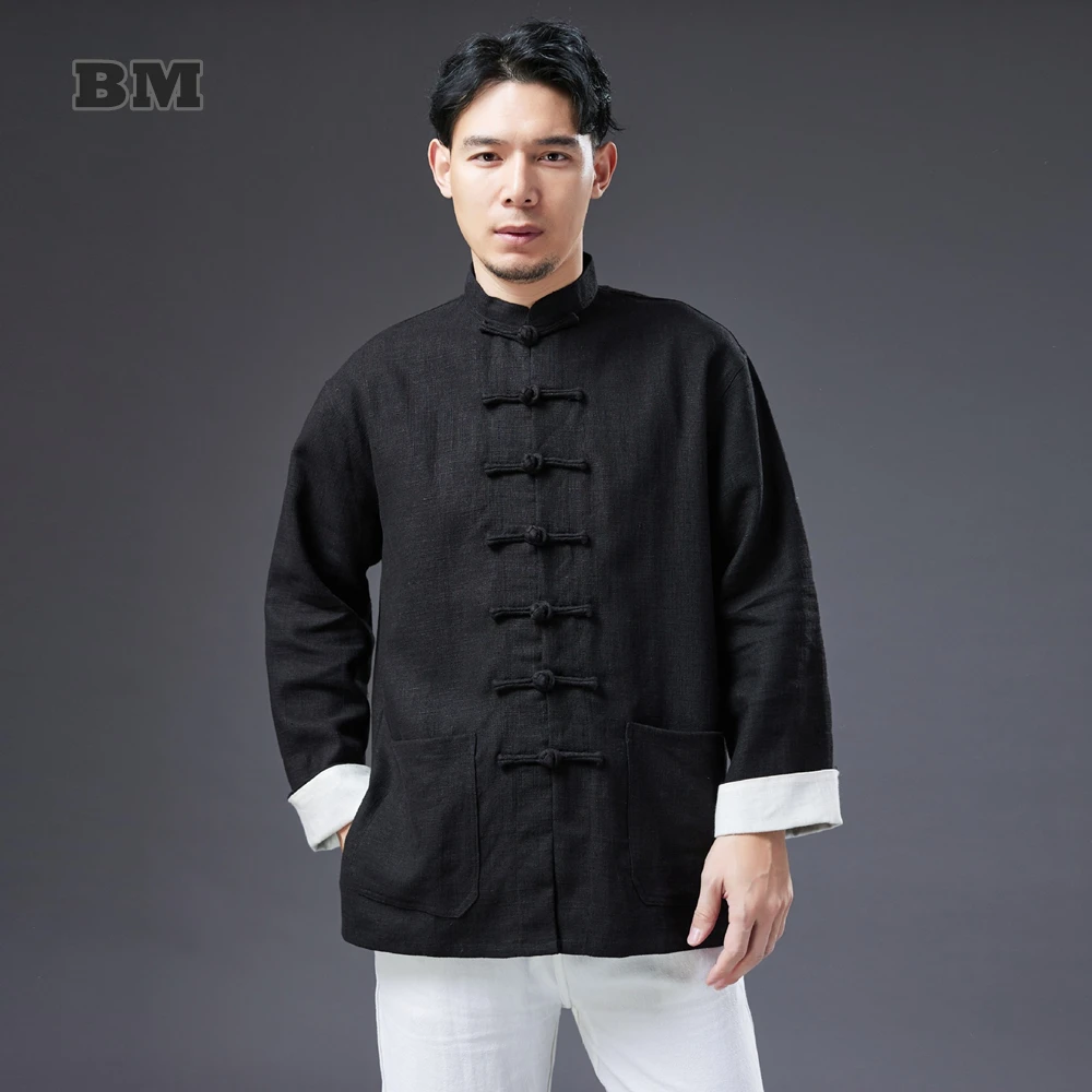 

Tang Suit for Men Chinese Traditional Jacket Autumn Casual Linen Full Sleeve Shirt Tops Pure Color Hanfu Kungfu Uniform Outfits