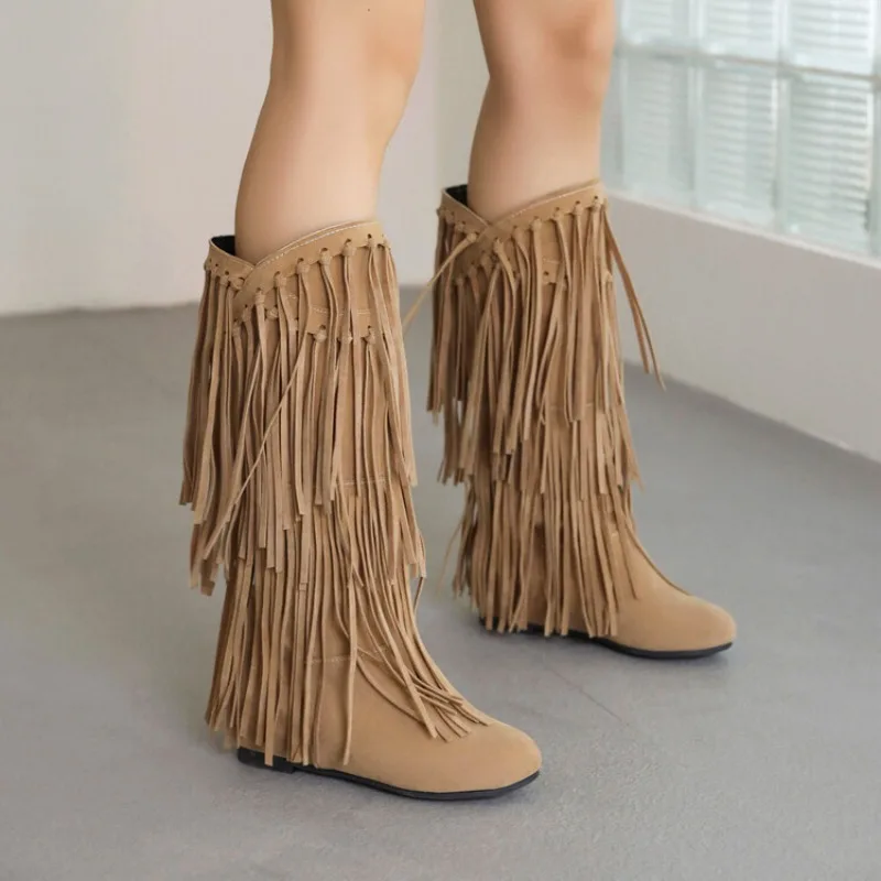 

2024 Fashion Ethnic Woman Bohemian Flock Tassle Hidden Moccasin Mid-Calf Boots Fringe Female Slip On Shoes Autumn Winter New