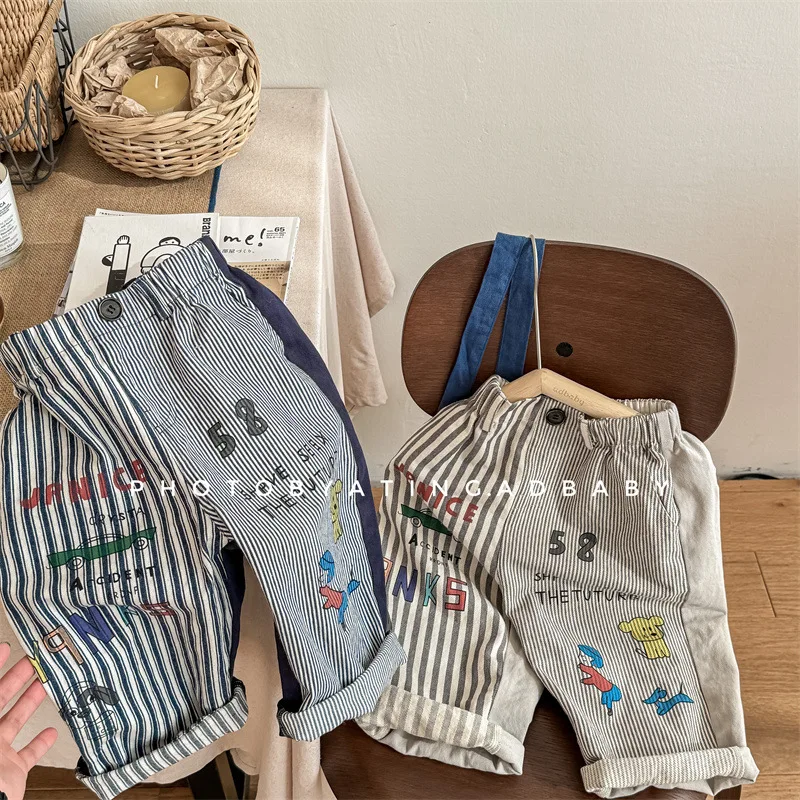 

2024 Spring New Children Loose Trousers Cotton Baby Girls Striped Casual Pants Toddler Boys Versatile Harem Pants Kids Clothes