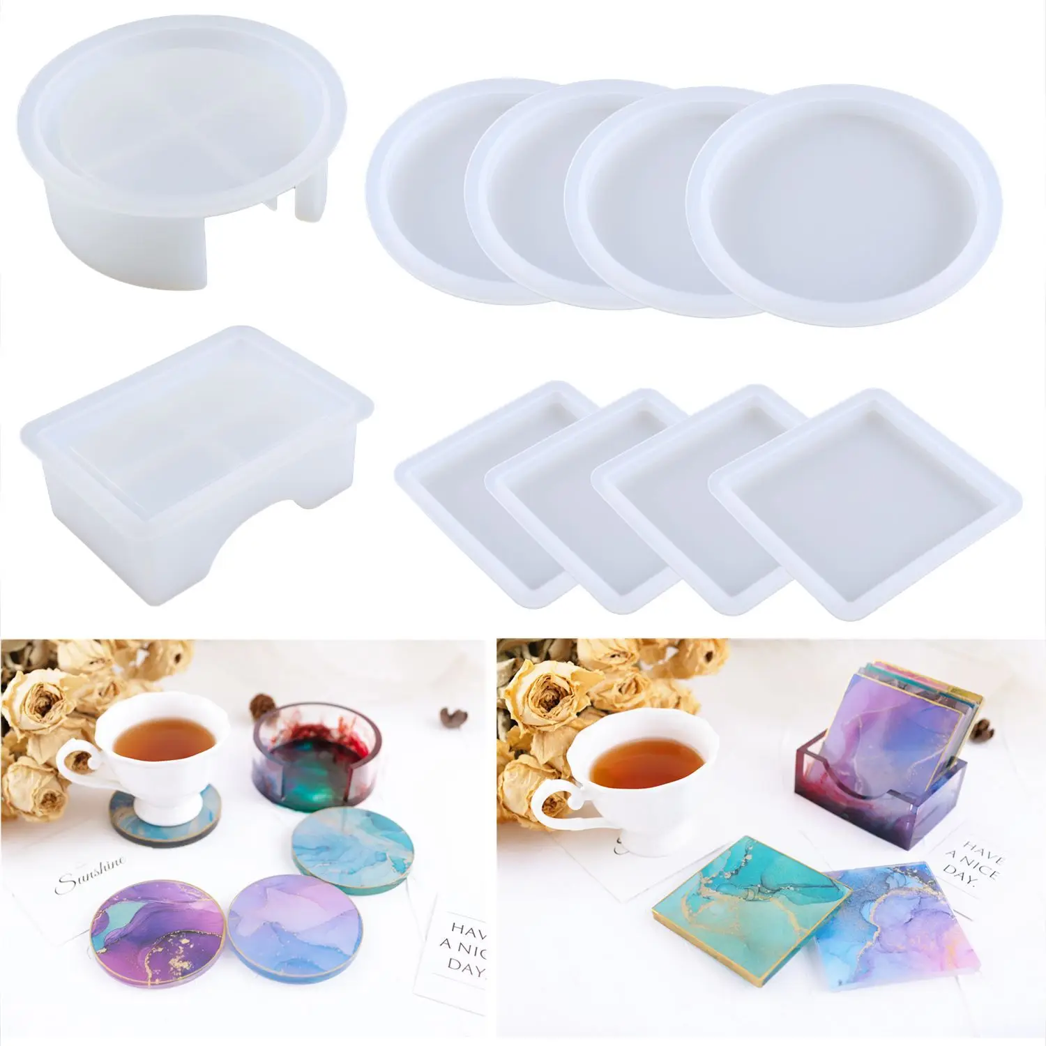 

DIY Crystal Epoxy Resin Round Coaster Molds Square Coasters Box Storage Boxs Silicone Mold Resin Casting Mould