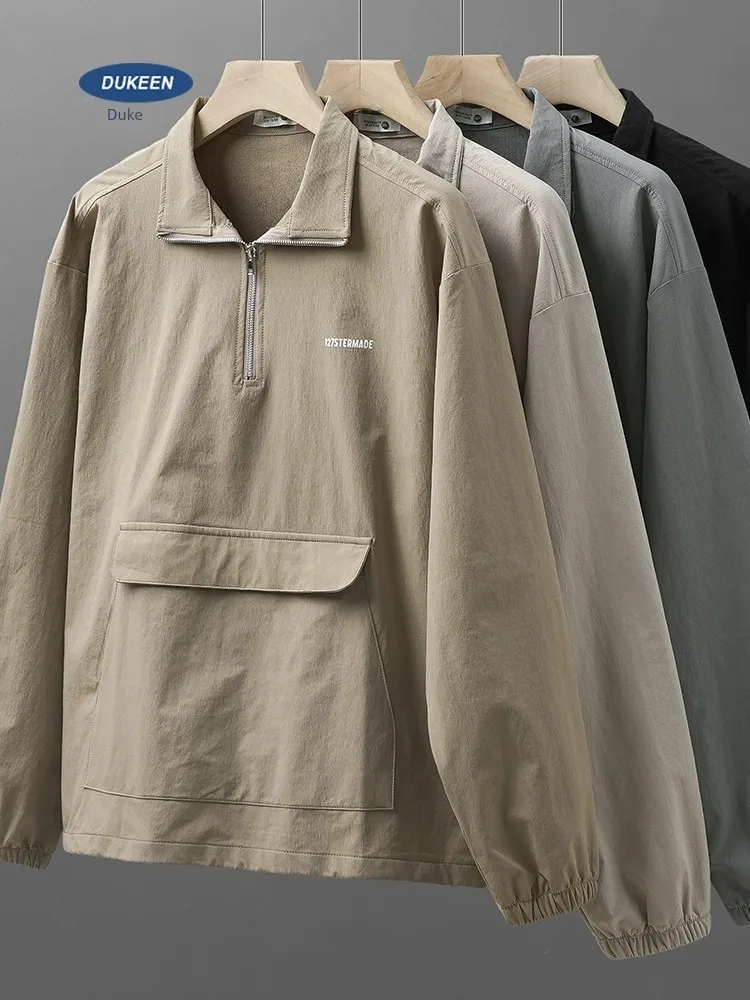 

EN American WorkWear Polo Shirt, Long Sleeved Men's Autumn Printed Pocket Jacket, Half Zippered Hoodie, Trendy Brand