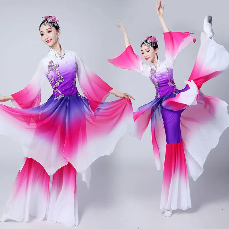 

New classical dance performance costume female adult fan umbrella dance Yangko dress Chinese folk dance performance costume