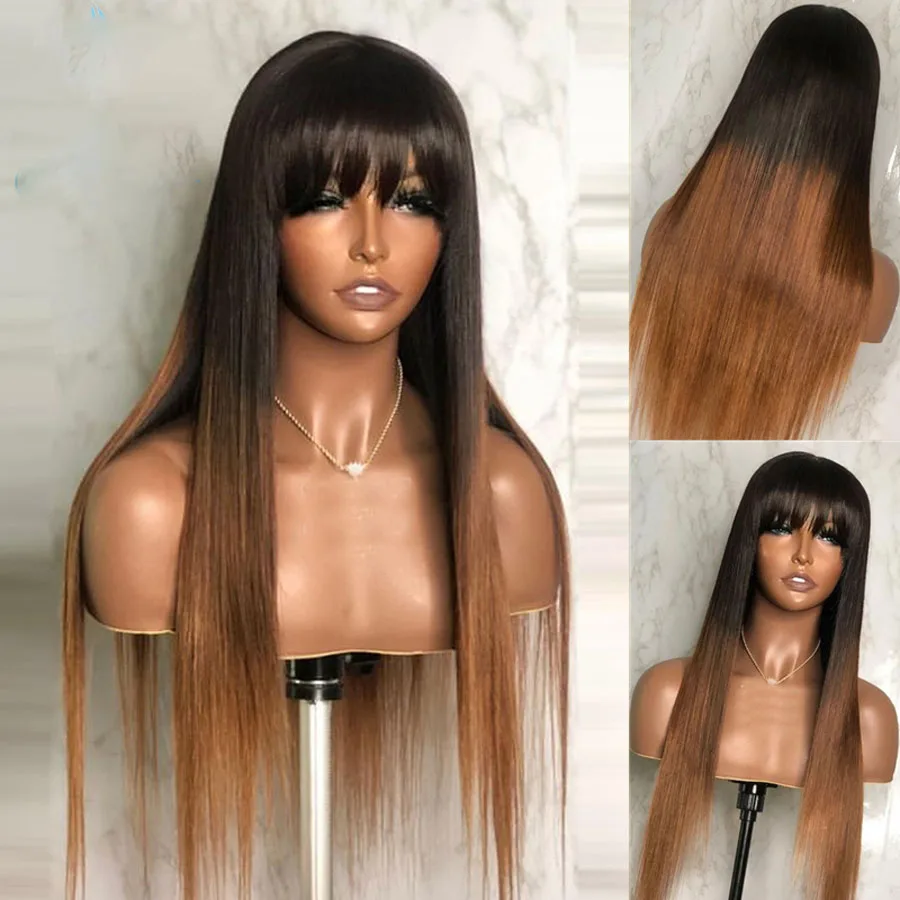 

Ombre Blonde 26“Long 180% Density Silky Straight Machine Wig With Bangs For Black Women High Temperature Cosplay Glueless Daily