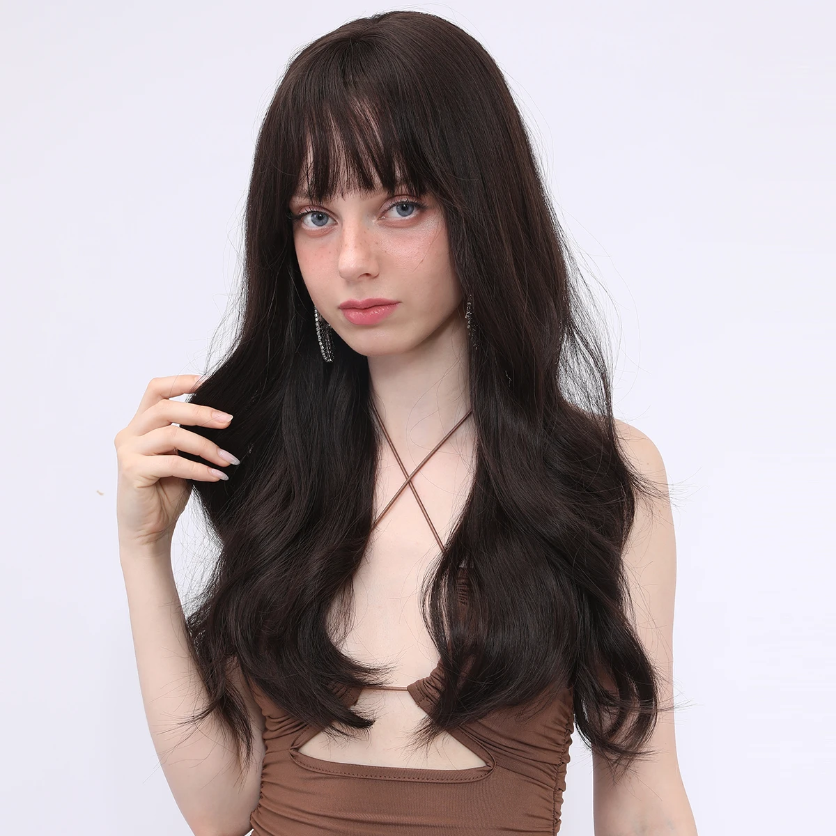 

Smilco Fashion Dark Brown Curly Synthetic Wigs For Women Natural Wavy Bob Wig With Bangs Hair Daily Cosplay Party Heat Resistant