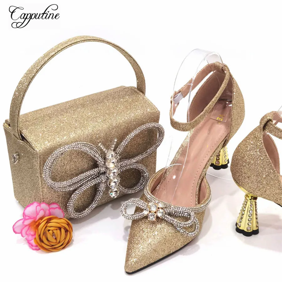 

Luxury Gold Women Shoes And Bag Set African Ladies Party Pumps Match With Handbag Clutch High Heel Sandals Femmes Sandales CR389