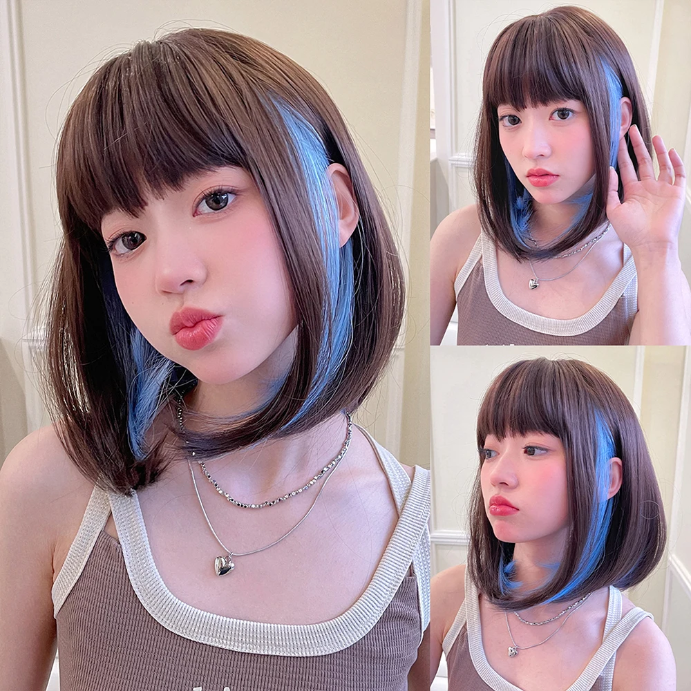 Wig set new product, wig with straight bangs, brown highlights, wave head, bobo short hair, high-temperature treated fibers
Wig set new product, wig with straight bangs, brown highlights, wave head, bobo short hair, high-temperature treated fibers