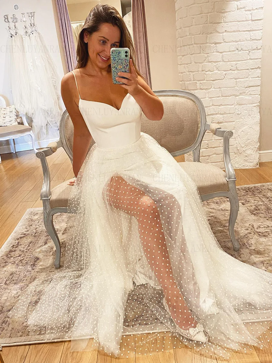 

Sexy Satin Wedding Dresses V-neck Spaghetti Strap Long Bride Gowns Slit A-line Lace Up Ivory Dress For Women 2023 Robe De Mariée