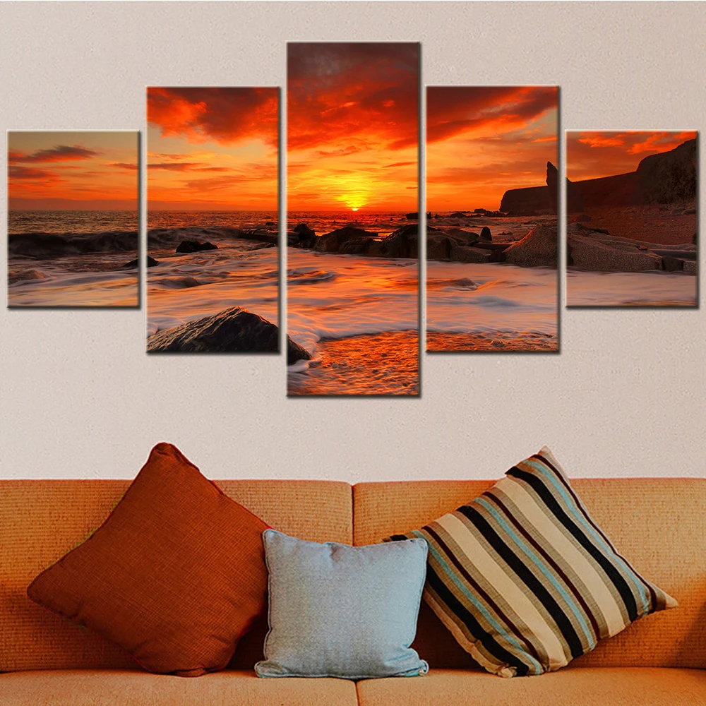 

5 Panel Canvas Wall Art HD Printed Home Decor Painting Seascape Poster Sunset Beach Picture Aesthetic Room Decoration Teenager