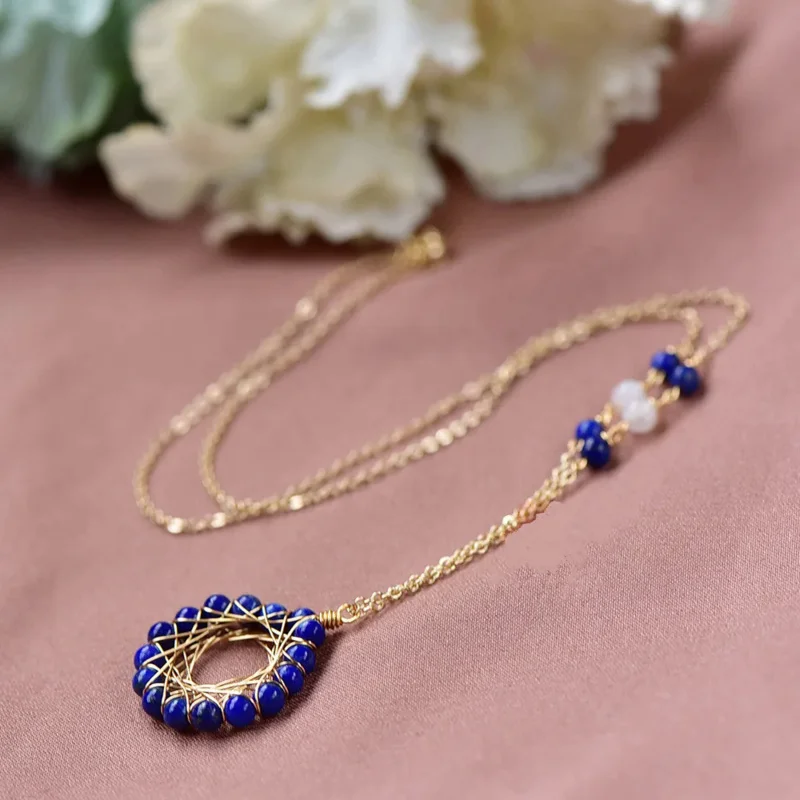 Natural Lapis Lazuli Bead 14K Gold Filled Round Pendant Necklace Handmade Winding Sweater Chain Women Girl Ethnic Jewelry Gift
Natural Lapis Lazuli Bead 14K Gold Filled Round Pendant Necklace Handmade Winding Sweater Chain Women Girl Ethnic Jewelry Gift