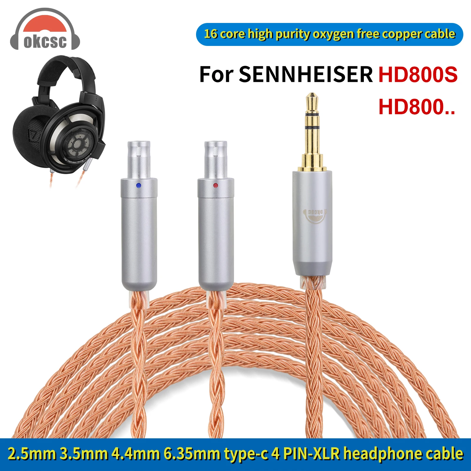 

OKCSC Standard Balanced Headphone Cable for Sennheiser HD800 HD800S HD820 D1000 2.5mm/3.5mm/4.4mm/6.35mm/4 Pin XLR/Type-C Plug