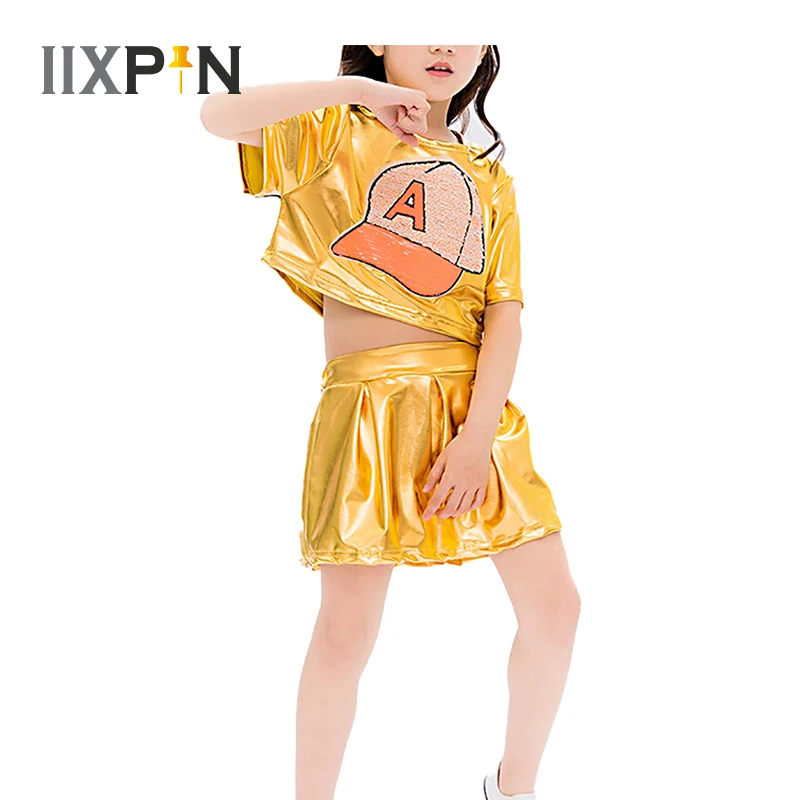 Kids Girls Jazz Dance Costume Performance Outfit Shiny Metallic Short Sleeve Sequins Crop Top With Skirt Set Hip Hop Dance Wear
Kids Girls Jazz Dance Costume Performance Outfit Shiny Metallic Short Sleeve Sequins Crop Top With Skirt Set Hip Hop Dance Wear