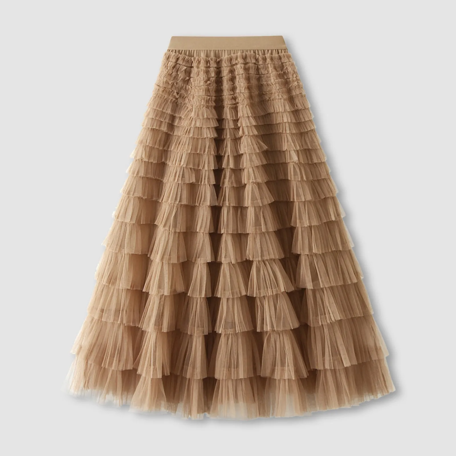 

Women's A Line Pleated Long Tutu Skirts Ruffle Edge Mesh Vintage Calf Length Chiffon High Waisted Solid Color Half Length Skirt