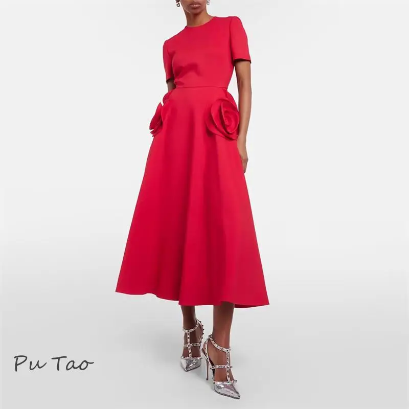 

Putao Prom Dress 3d Flower Decorated Round Neck Cocktail Dress Spring And Summer New Fashion Loose Casual Mid-length Skirt