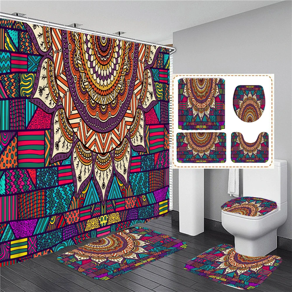 

Mandala Pattern Print Shower Curtain Bohemian Style Waterproof Bathroom Curtains Home Decoration Non-Slip Rugs Bath Mat Set