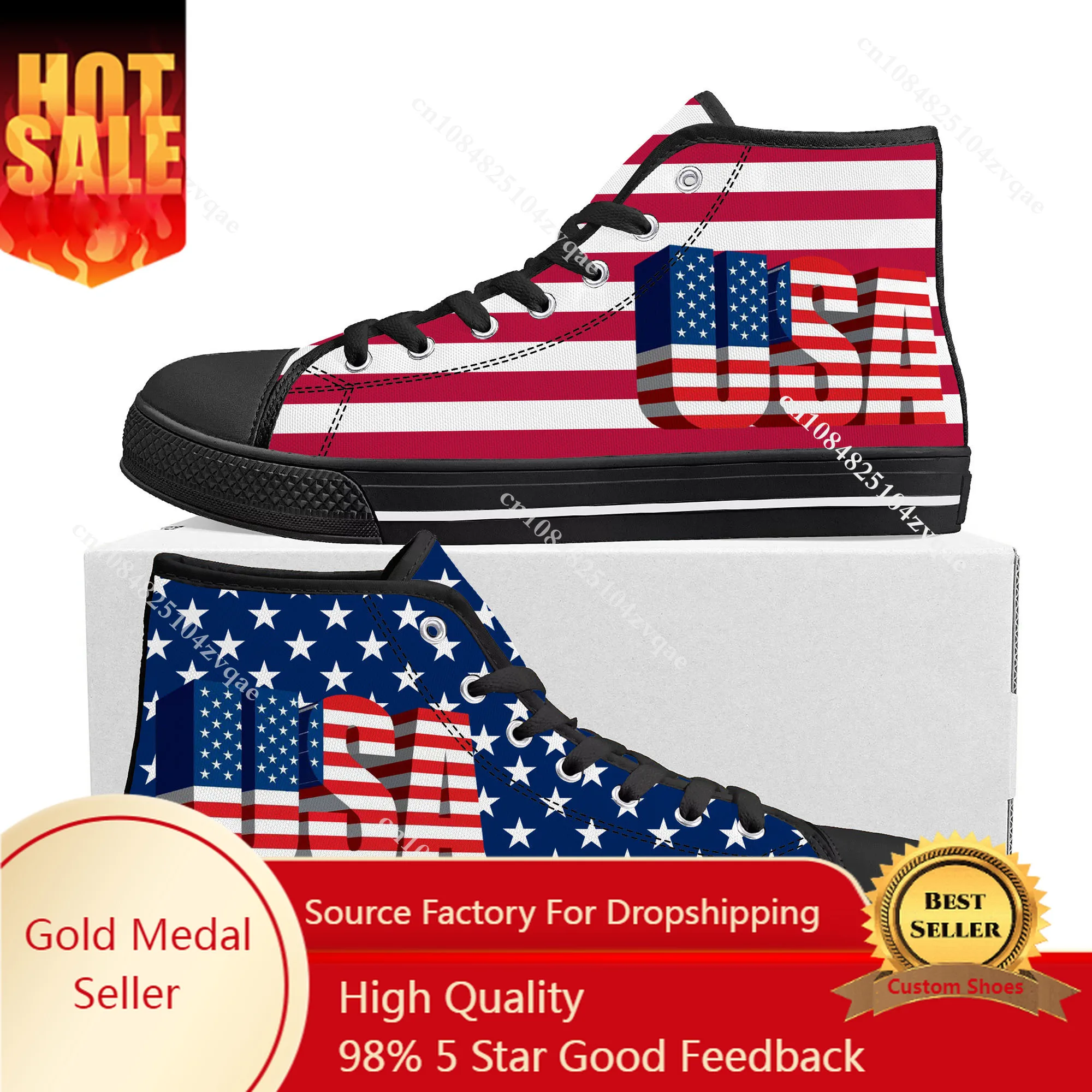 

USA Flag American Red Blue White Art High Top Sneakers Mens Womens Teenager Canvas Sneaker Casual Couple Shoes Custom Shoe